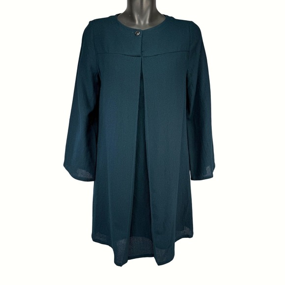 A.P.C. Rue Madame Paris Wool Bell Sleeve Box Pleat Dark Teal Mini Dress 38 - Picture 8 of 14